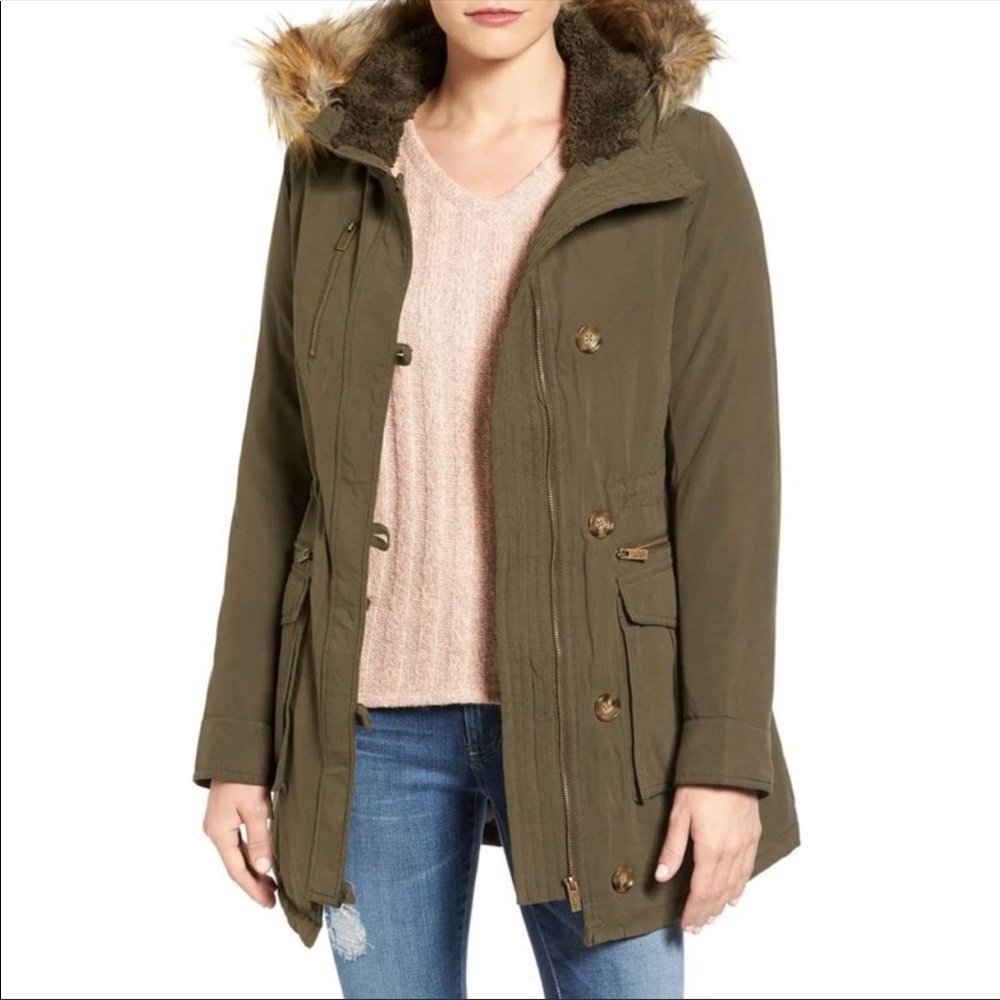 RACHEL ROY Cold Weather Parka With Shearling Accents & Removable Fur Hood.